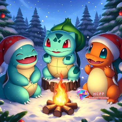 Kit Broderie Diamant Pokémon Salameche, Carapuce et Bulbizarre au coin du feu – Toile Diamond Painting Déco Chambre & Gaming