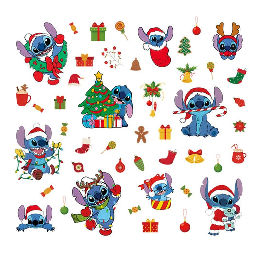 Stickers Muraux de Noël Kawaii – Style Stitch (46 pièces / 6 planches)