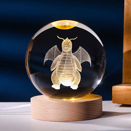 Lampe Pokémon 3D – Boule de Cristal LED avec Base en Bois