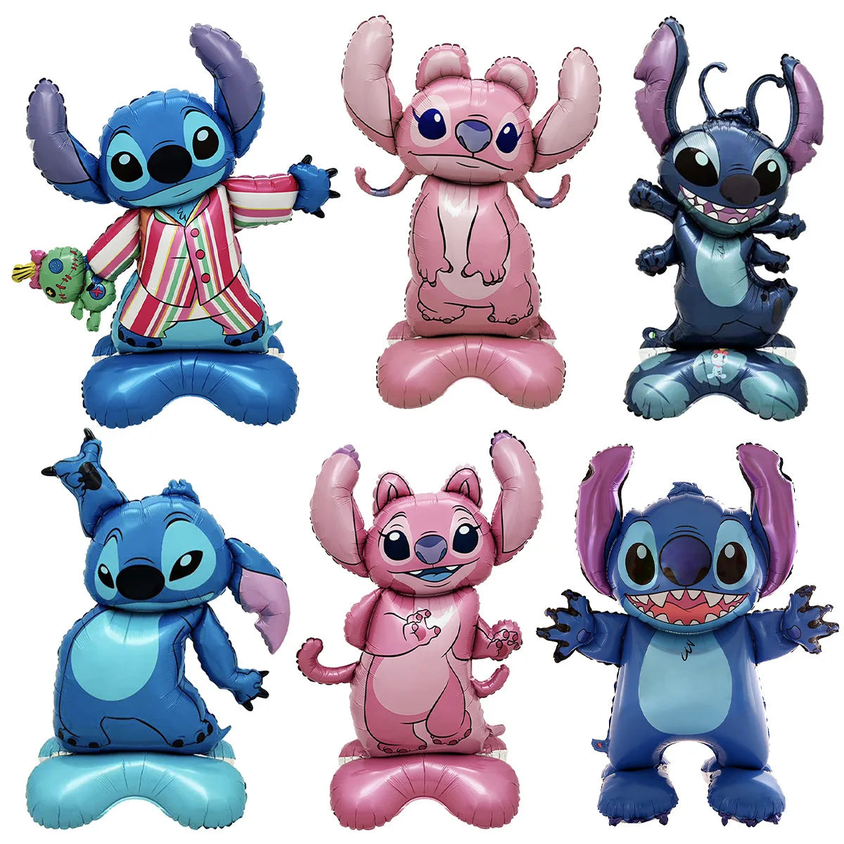 Pack 6 Ballons Géants Aluminium 4D – Collection Complète Stitch & Angel sur Pied