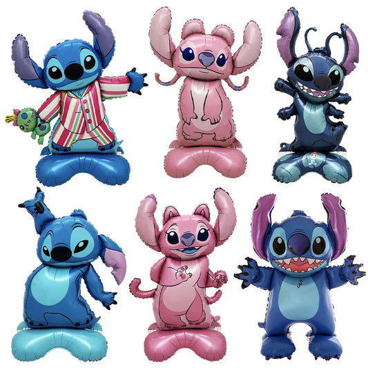 Pack 6 Ballons Géants Aluminium 4D – Collection Complète Stitch & Angel sur Pied
