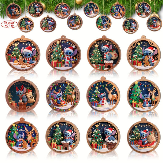 Lot de 12 Décorations de Noël Stitch en bois — Magie Disney au pied du sapin
