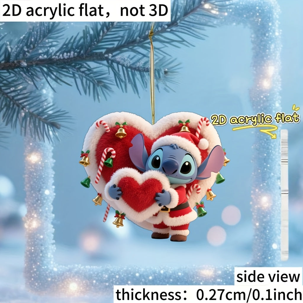 Ornement Acrylique Stitch Noël — Décoration Cœur & Bonnet de Père Noël