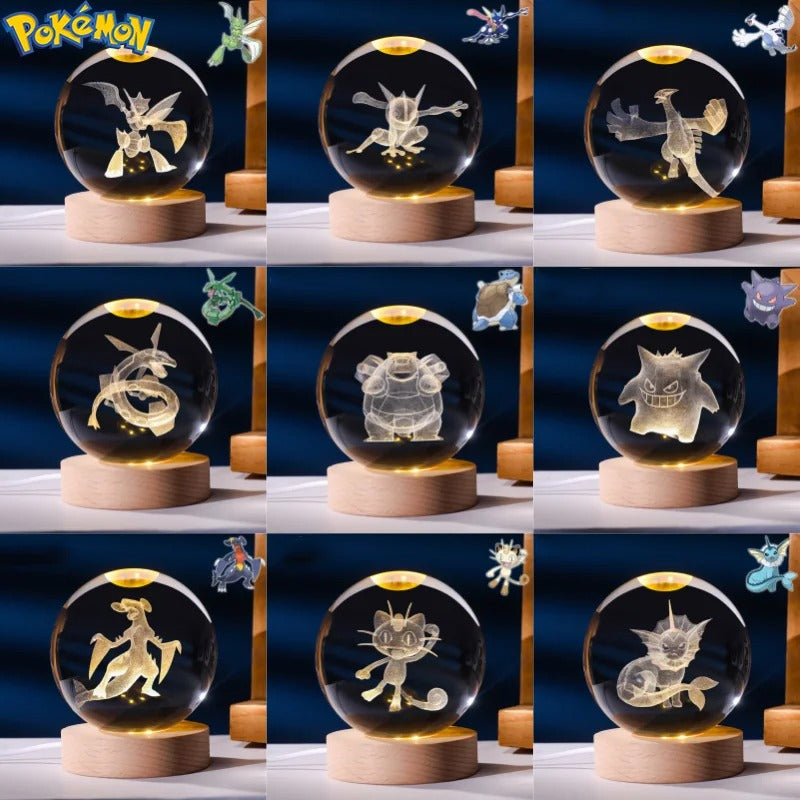Lampe Pokémon 3D – Boule de Cristal LED avec Base en Bois