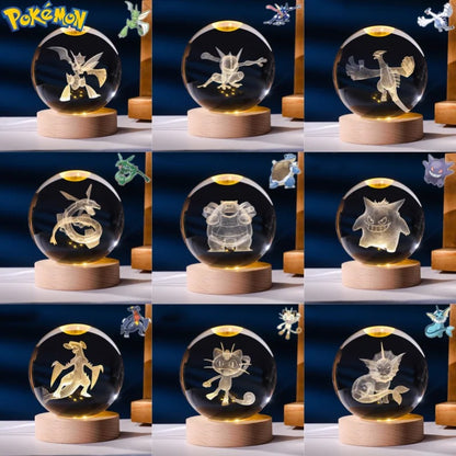 Lampe Pokémon 3D – Boule de Cristal LED avec Base en Bois