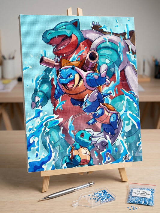 Broderie Diamant Carapuce et ses Évolutions - Kit Diamond Painting Pokémon Eau