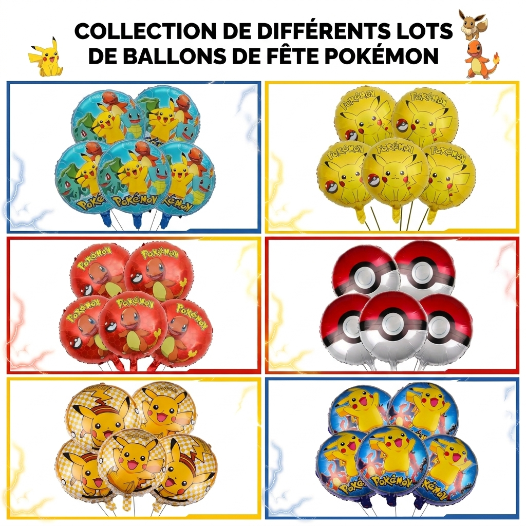 Ballons Pokémon Anniversaire en Aluminium - Lot de 5 Ballons Hélium au Choix