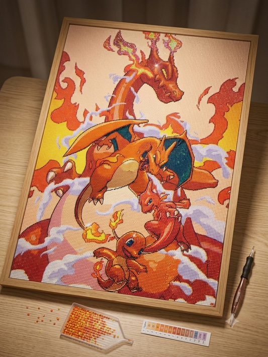 Broderie Diamant Dracaufeu et ses Évolutions - Kit Diamond Painting Pokémon Feu