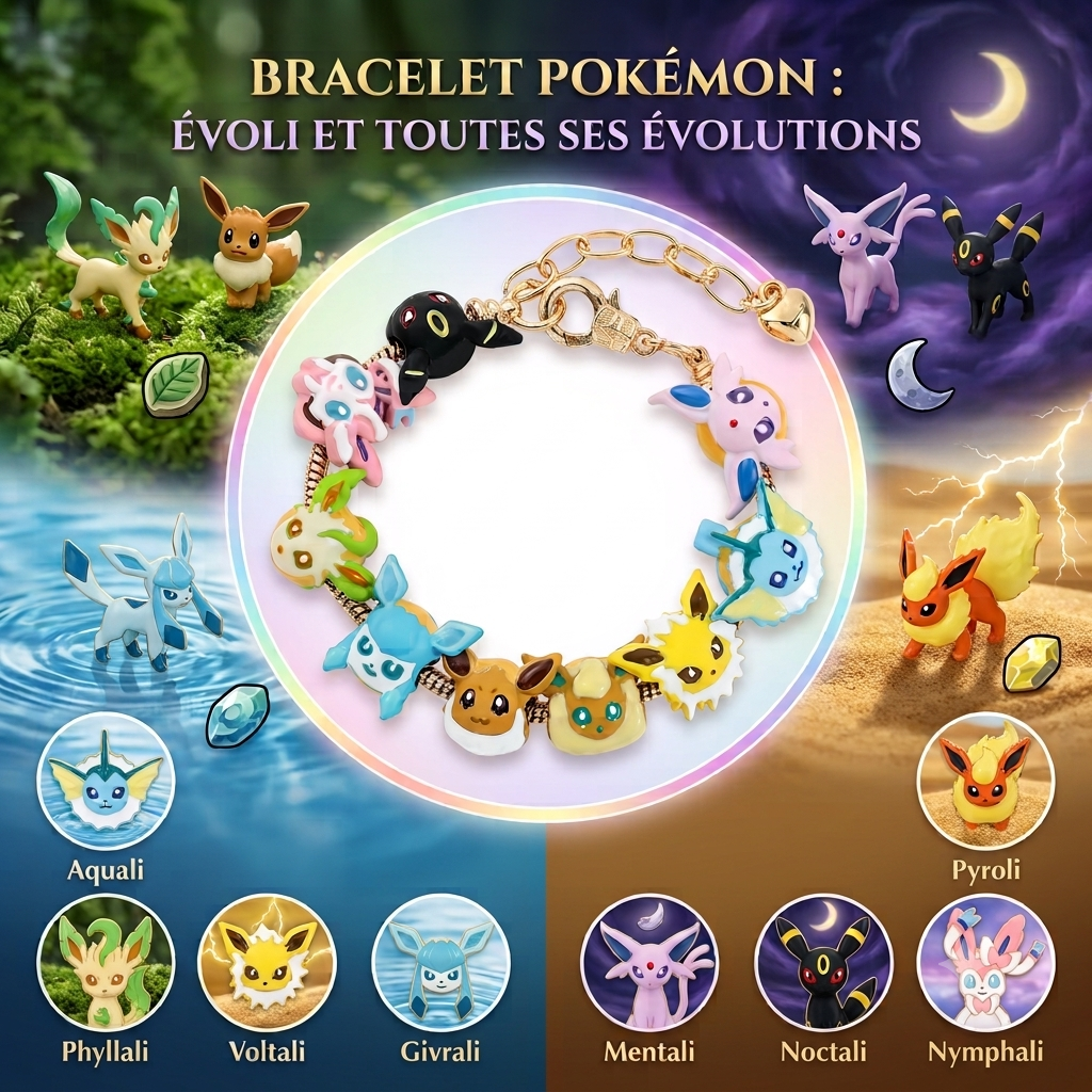Bracelet Pokémon Évoli et Évolutions – Charms Émail