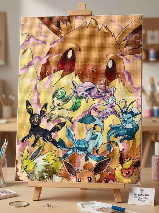 Broderie Diamant Évoli et ses Évolutions - Kit Diamond Painting Pokémon Complet