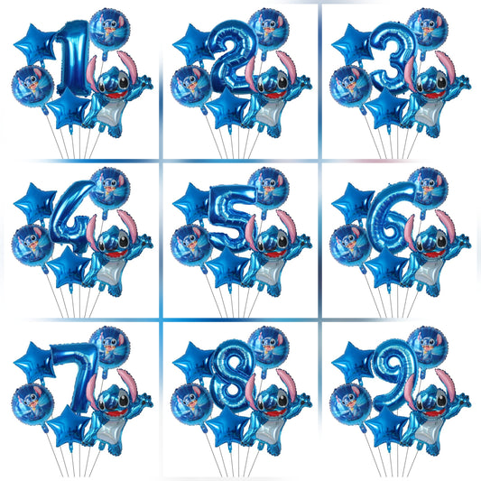 Kit de Ballons d'Anniversaire Stitch - Chiffres Bleus (1 à 9) - Pack de 6 Ballons